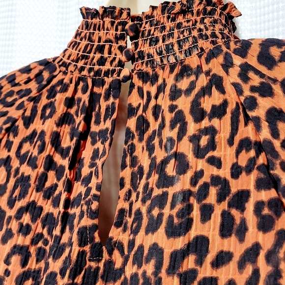 LOFT Burnt Orange Leopard Print Shirred Turtleneck Blouse Women's (XS) - Picture 9 of 14